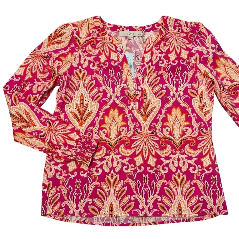 NWT New LOFT Paisley Smocked Cuff V-Neck Cotton Blend Blouse Size XS